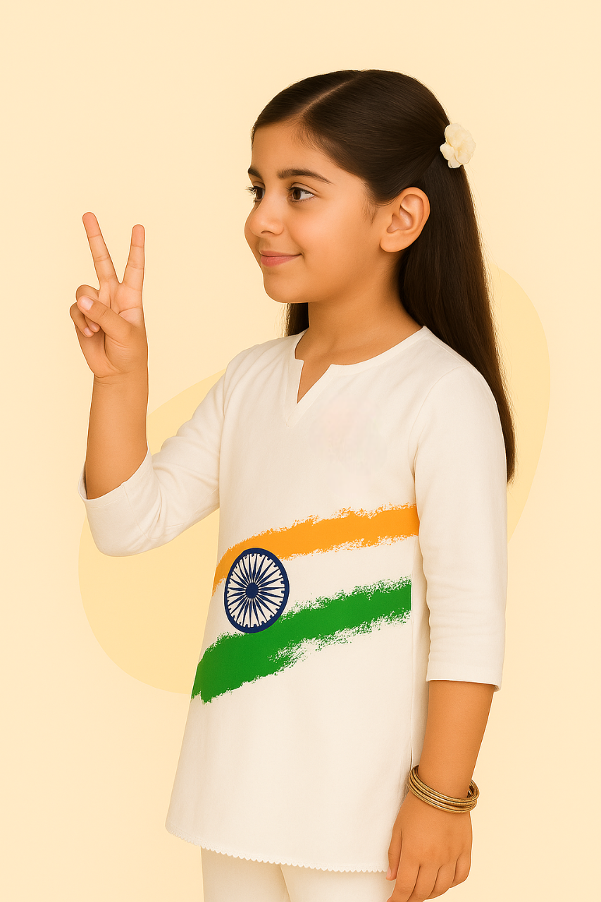 Girls’ Cotton Kurta – Tri-Color Print | Independence & Republic Day Special Wear