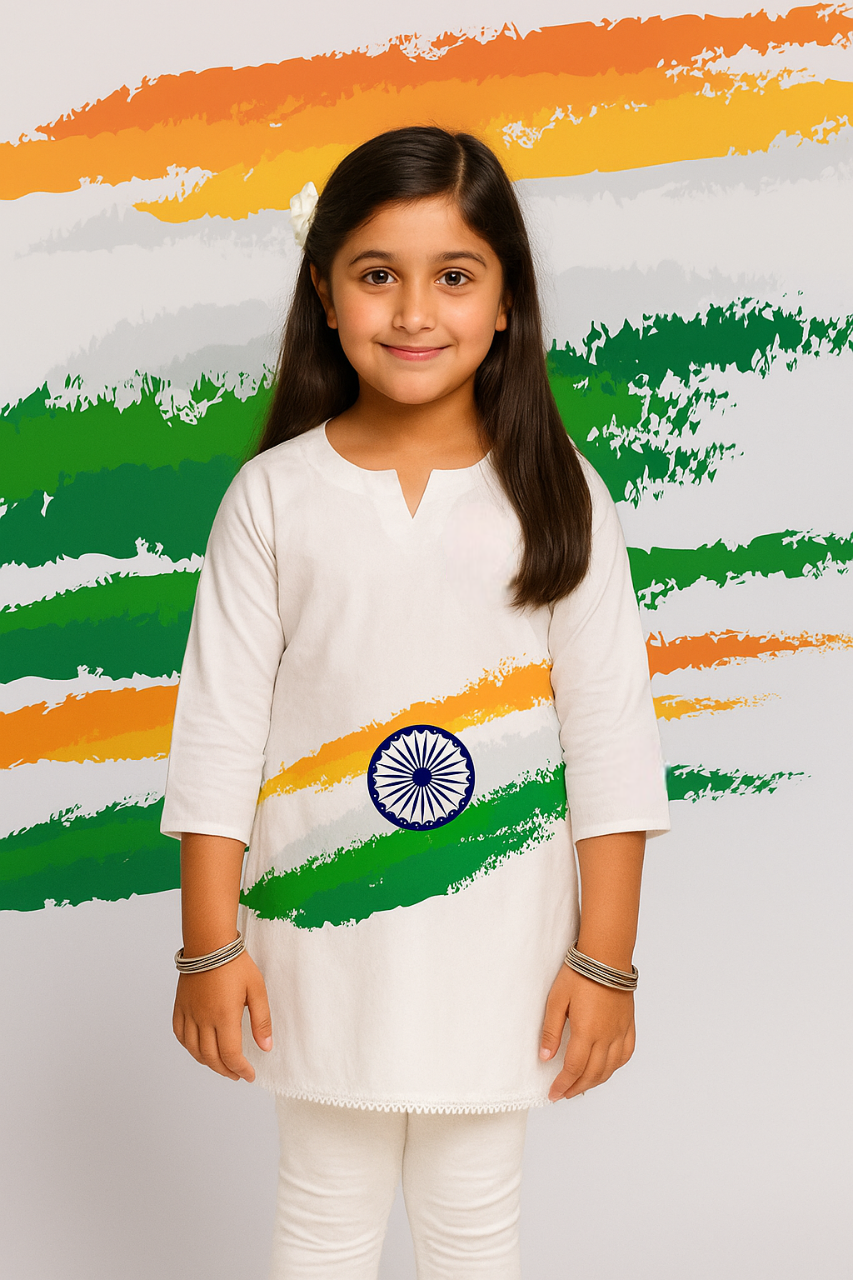 Girls’ Cotton Kurta – Tri-Color Print | Independence & Republic Day Special Wear - View 2